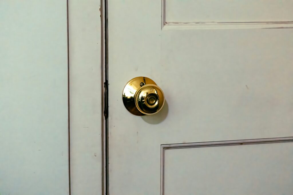 White door with a brass colored doorknob